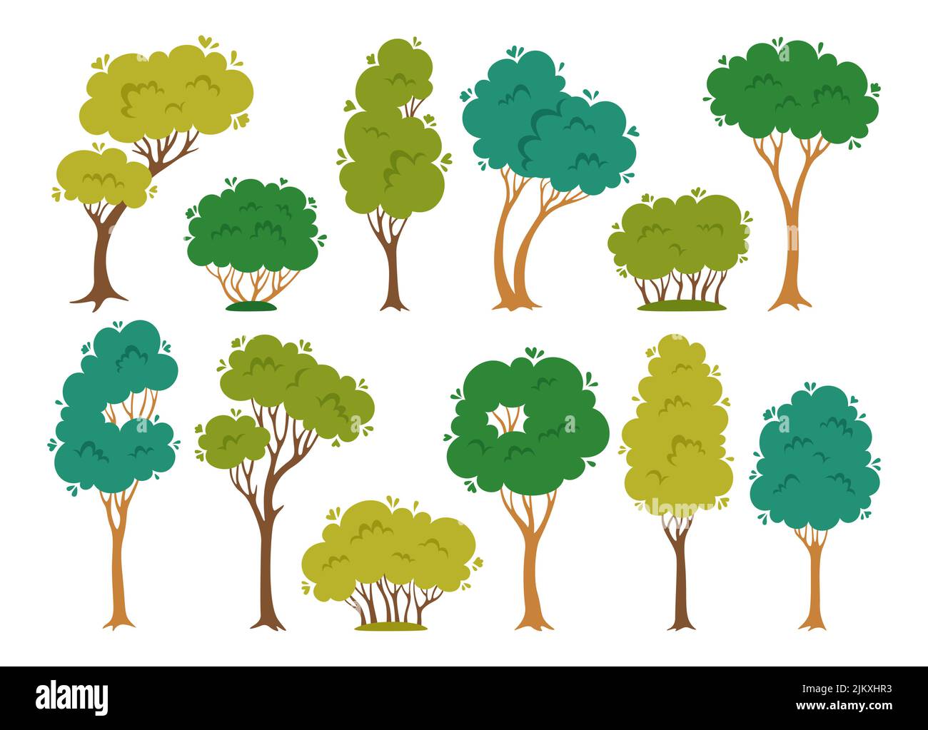 Bäume und Sträucher flach Cartoon-Set. Abstrakte immergrüne stilisierte Pflanzenbotanische Sammlung, Natur Öko Busch. Laubbaum mit Blättern und üppigen Kronen. Grüner Park, Wald Landschaft Vektor-Illustration Stock Vektor