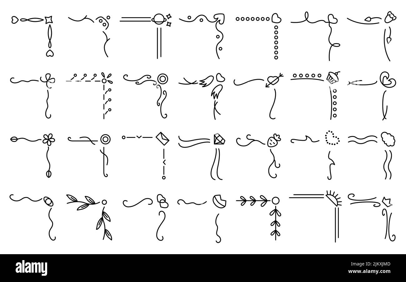 Symbole für dünne Linien am Eckenrand sind gesetzt. Abstraktes Dekor lineare Ikone Vintage Blumendekoration. Elegante Bordüre, floriert Eckelemente. Vintage kalligraphische Ornamente isoliert auf weißem Hintergrund Stock Vektor