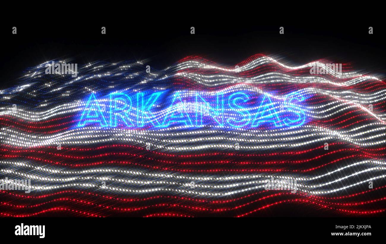 Eine winkende Flagge der USA mit blauen Neonbuchstaben, die Arkansas auf schwarzem Hintergrund besagen Stockfoto
