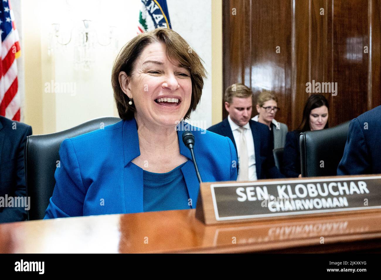 Washington, Usa. 03. August 2022. US-Senatorin Amy Klobuchar (D-MN) spricht bei einer Anhörung des Senats-Reglements und Verwaltungsausschusses. Kredit: SOPA Images Limited/Alamy Live Nachrichten Stockfoto