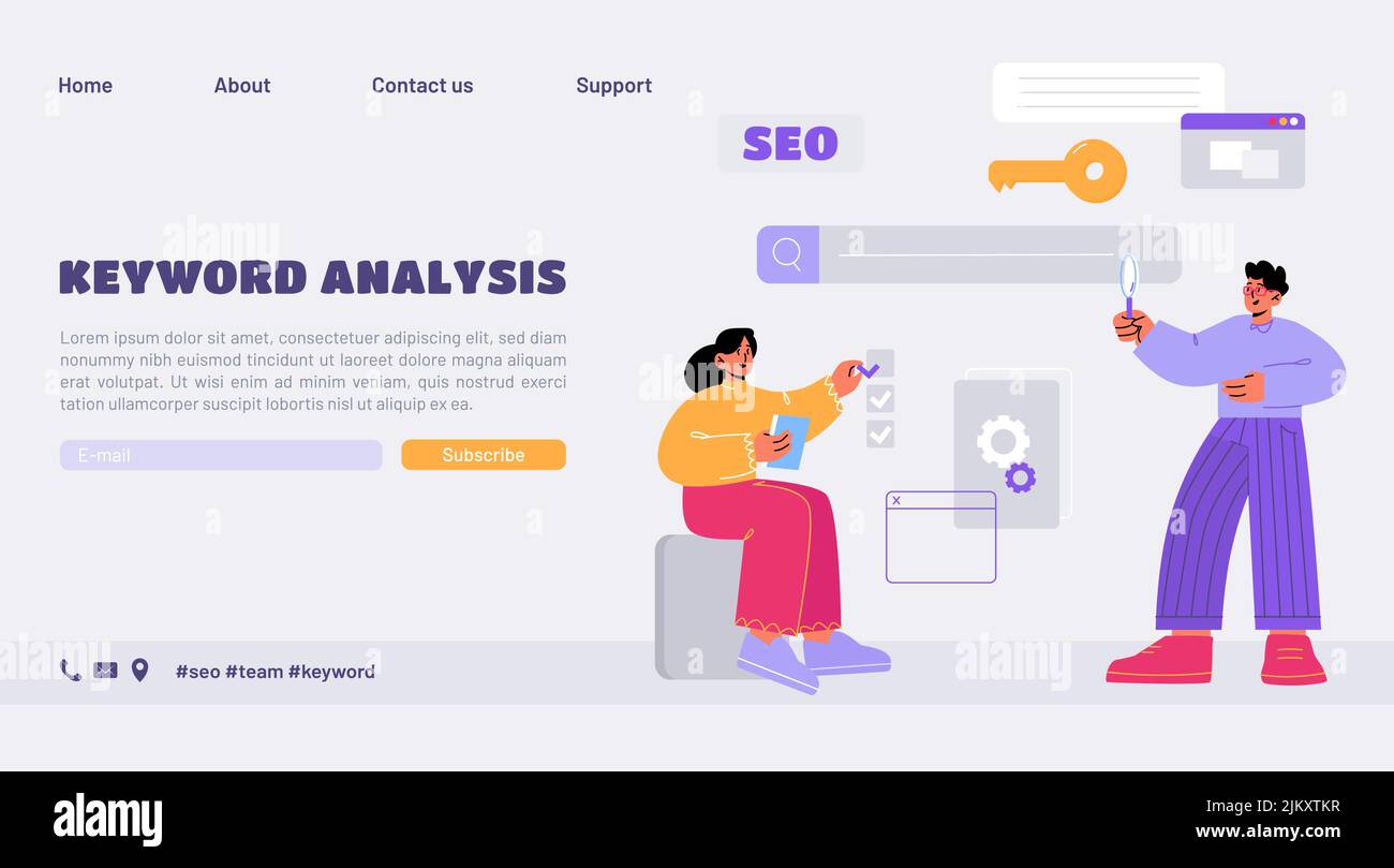 Zielseite zur Schlüsselwortanalyse. Keywordist oder Texter Zeichen mit Tools und Dienstleistungen für seo-Optimierung und Content-Plan-Analyse für Social-Media-Marketing, Line Art flache Vektor-Web-Banner Stock Vektor