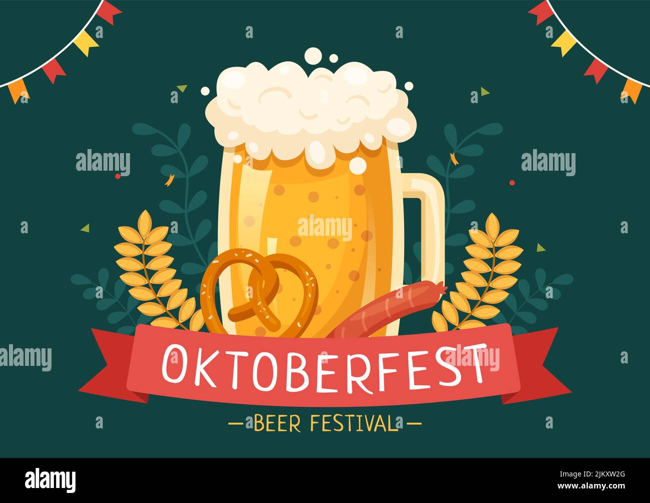 Oktoberfest Cartoon Illustration mit Bierglas oder Flasche in traditionellem Deutsch im Flat Style Background Design Stock Vektor