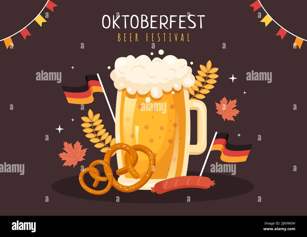 Oktoberfest Cartoon Illustration mit Bierglas oder Flasche in traditionellem Deutsch im Flat Style Background Design Stock Vektor
