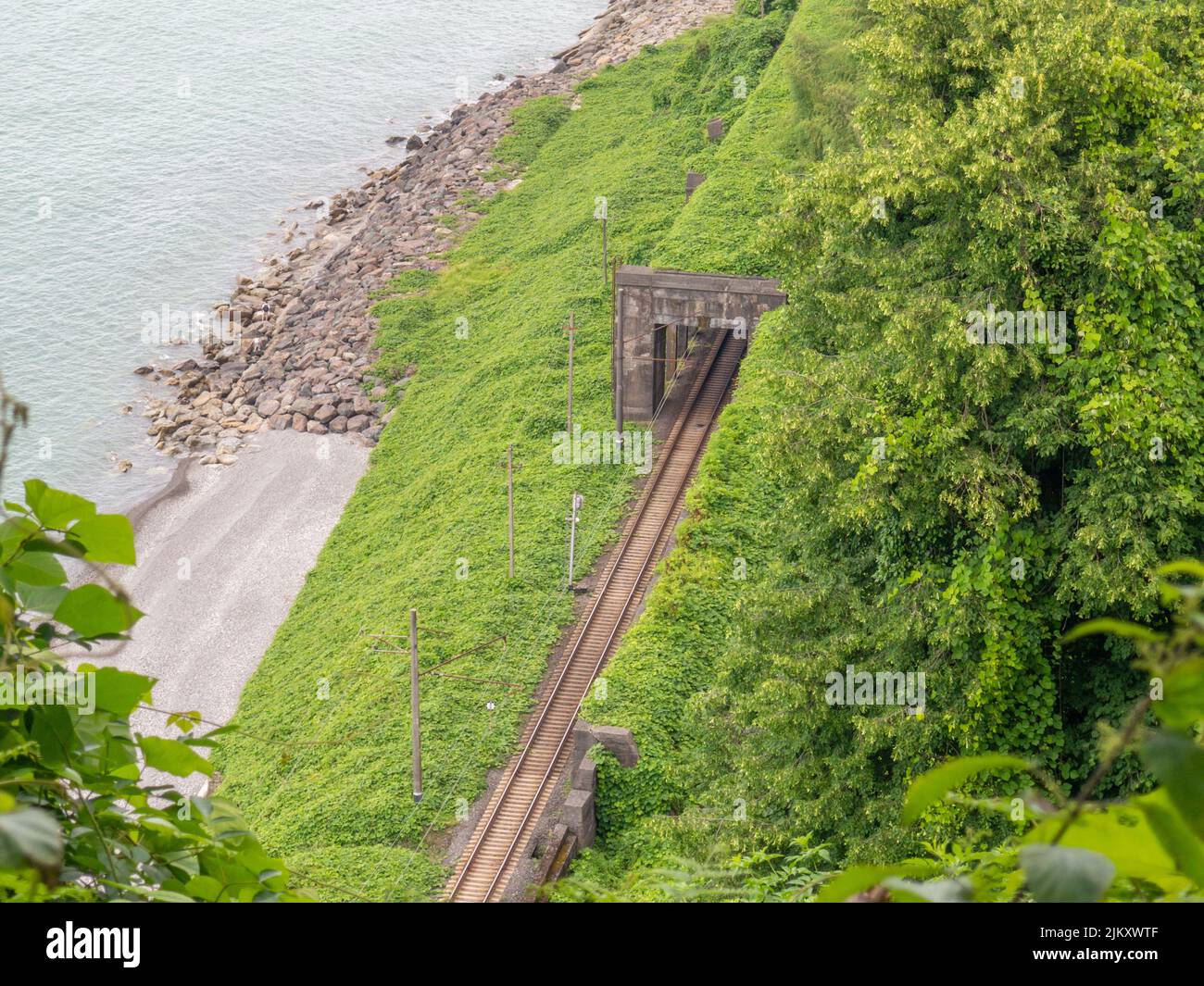 Eingang zum Eisenbahntunnel. Blick von einem hohen Punkt. Eingang zum Eisenbahntunnel mit viel Grün bedeckt. Transportsystem. Trainieren. Seeufer Stockfoto