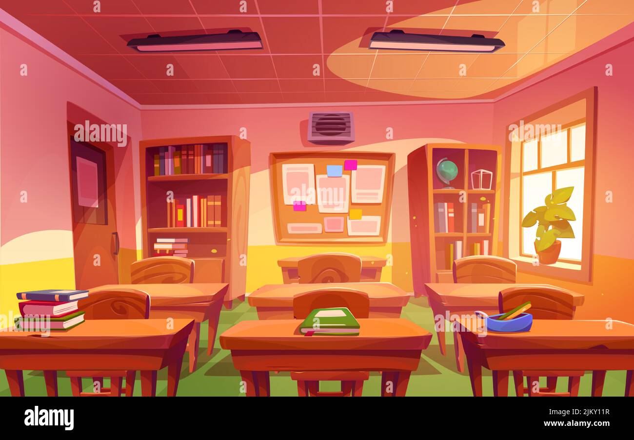 Klassenzimmer, Schule oder College-Klasse mit Schulbüchern liegen auf Schreibtischen, Stühlen, Zeitplan Tafel hängen an der Wand und Bücher im Schrank, hellen Raum zum Lernen, Cartoon-Vektor-Illustration Stock Vektor
