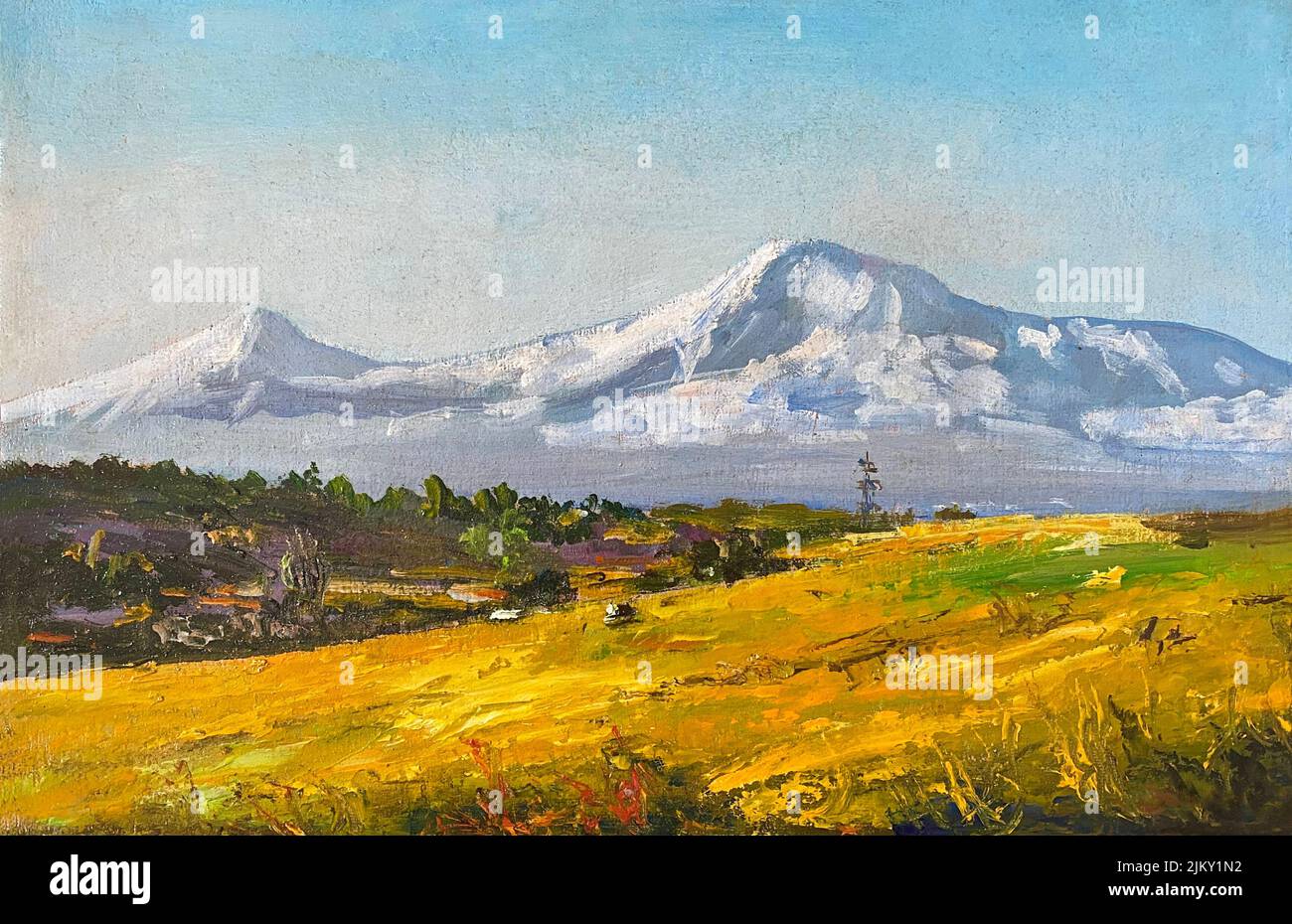 Ein Ölgemälde, das eine Landschaft mit Feldern und Tälern und snowcap-Bergen im Hintergrund darstellt Stockfoto