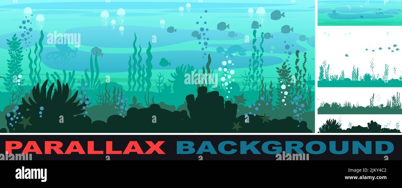 Boden des Reservoirs mit Fisch. Legt den Parallaxeneffekt fest. Silhouette. Blaues Wasser. Meer. Unterwasserlandschaft mit Tieren, Pflanzen, Algen und Korallen Stock Vektor