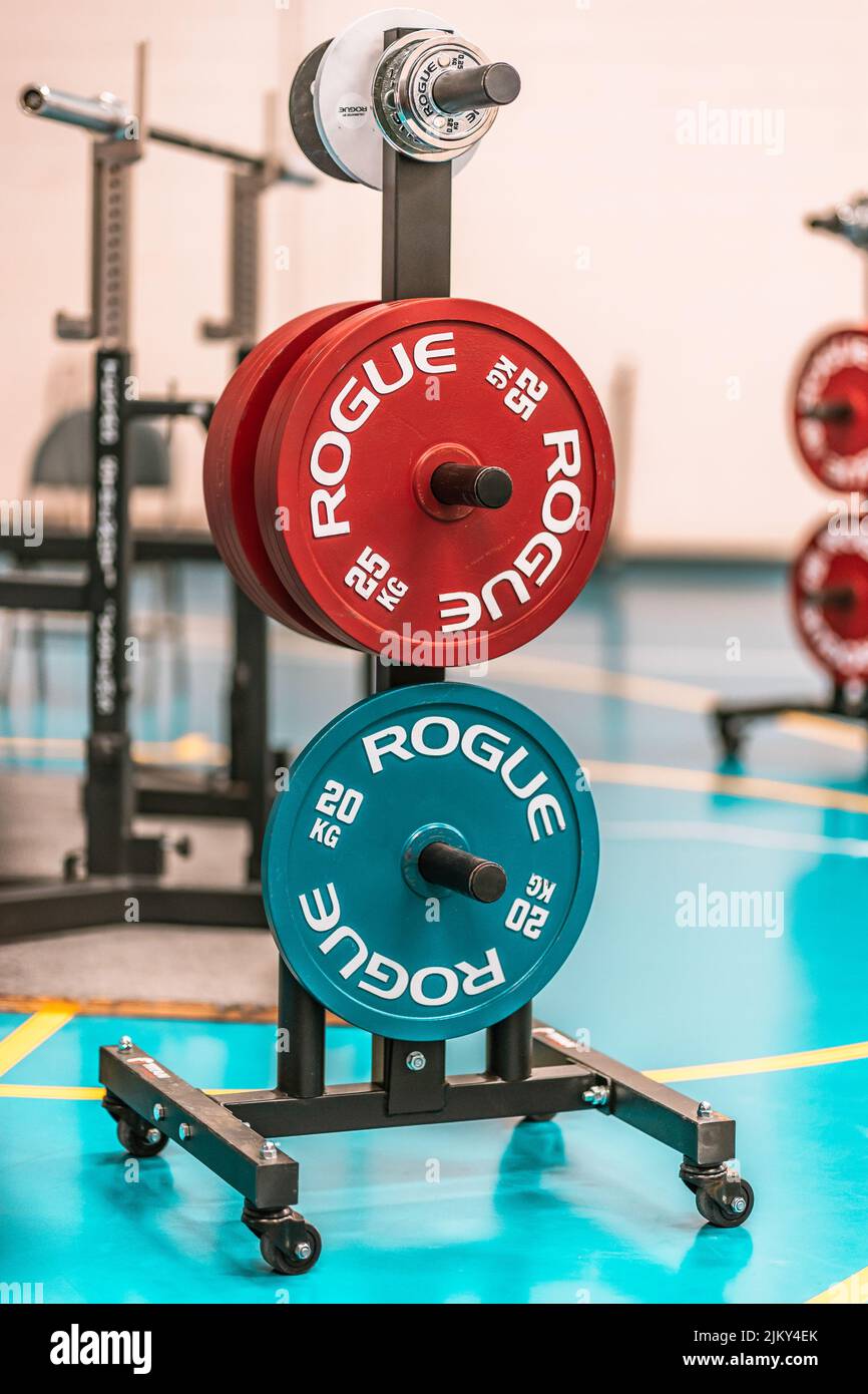 Eine vertikale Aufnahme von blauen und roten Gewichten in einem Fitnessstudio auf einem Rack Stockfoto
