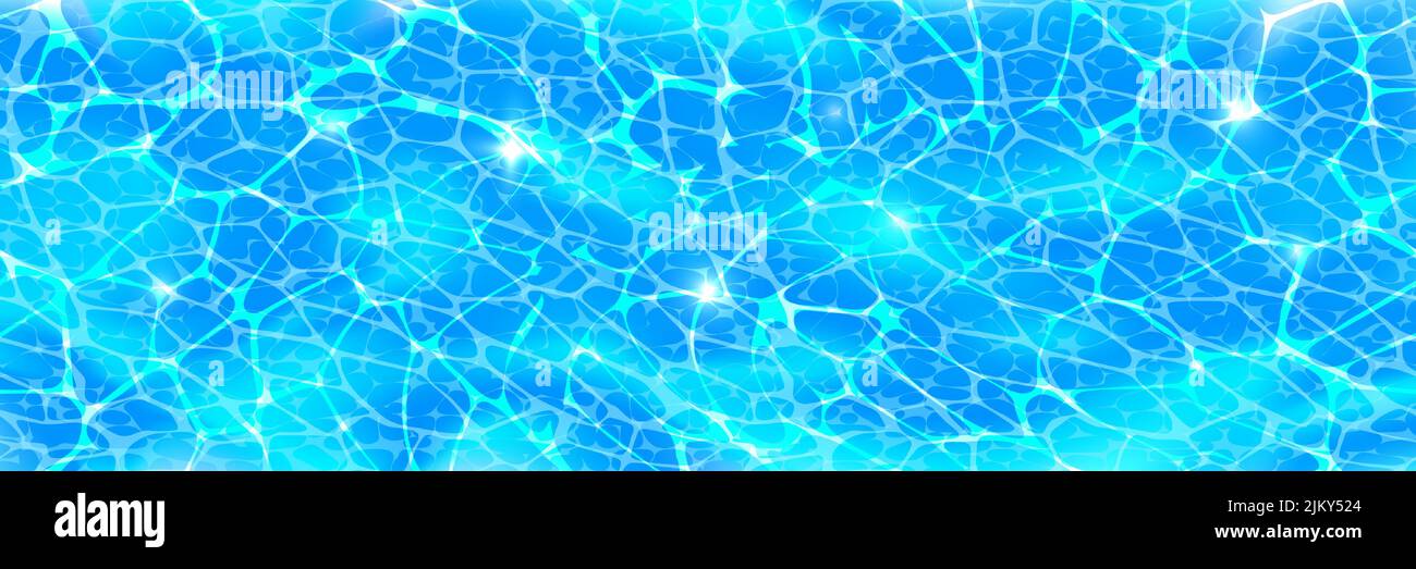 Die Oberfläche des Swimmingpools ist von oben gesehen und hat einen horizontalen Hintergrund mit Reflexionen durch Sonneneinstrahlung, ätzenden Wellen und Wellen. Klare blaue Wasserstruktur. Helle Vect Stock Vektor