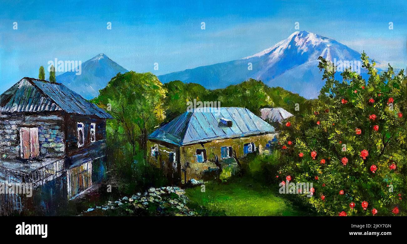 Ein Gemälde von Landhäusern im Hintergrund der snowcap-Berge Stockfoto