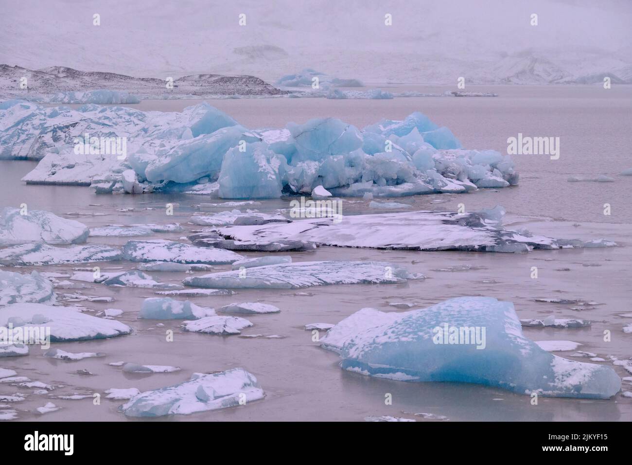 Türkisblaue Eisberge, die im Winter auf Island auf dem Fjallsarlon-Gletschersee schweben Stockfoto