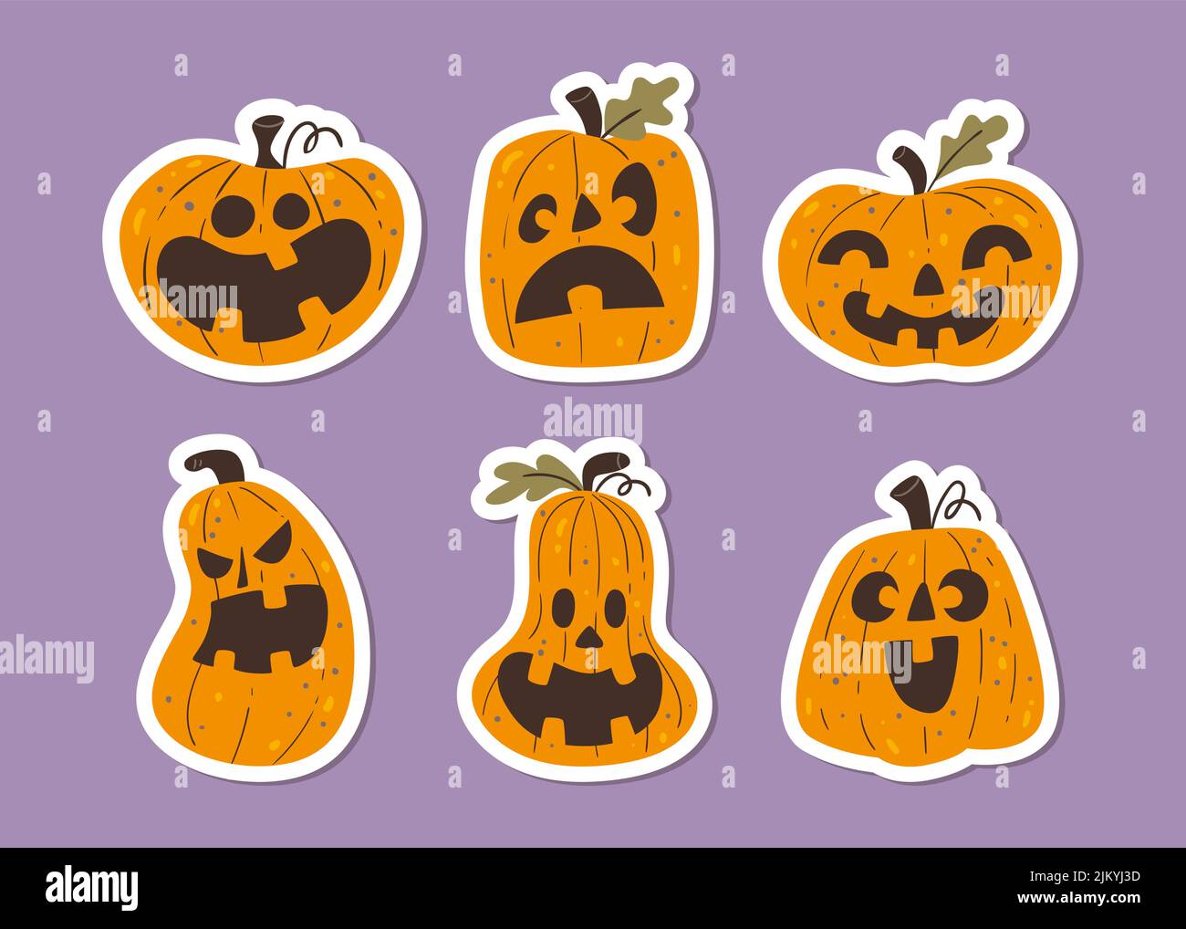 Halloween Kürbisse Sticker Kollektion. Lustige handgezeichnete Halloween Kürbisse Cliparts. Vektorgrafik. Set 1 von 2. Stock Vektor