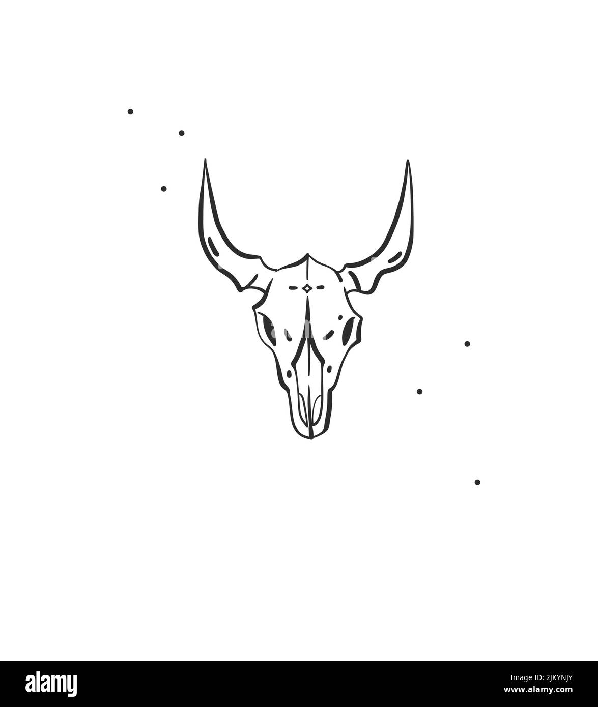 Handgezeichnete abstrakte Vektor Grafik Cliparts Illustration Boho Kuh Schädel mit Hörnern Logo Element.Westerndesign Konzept.Böhmischer Wilder Westen zeitgenössisch Stock Vektor