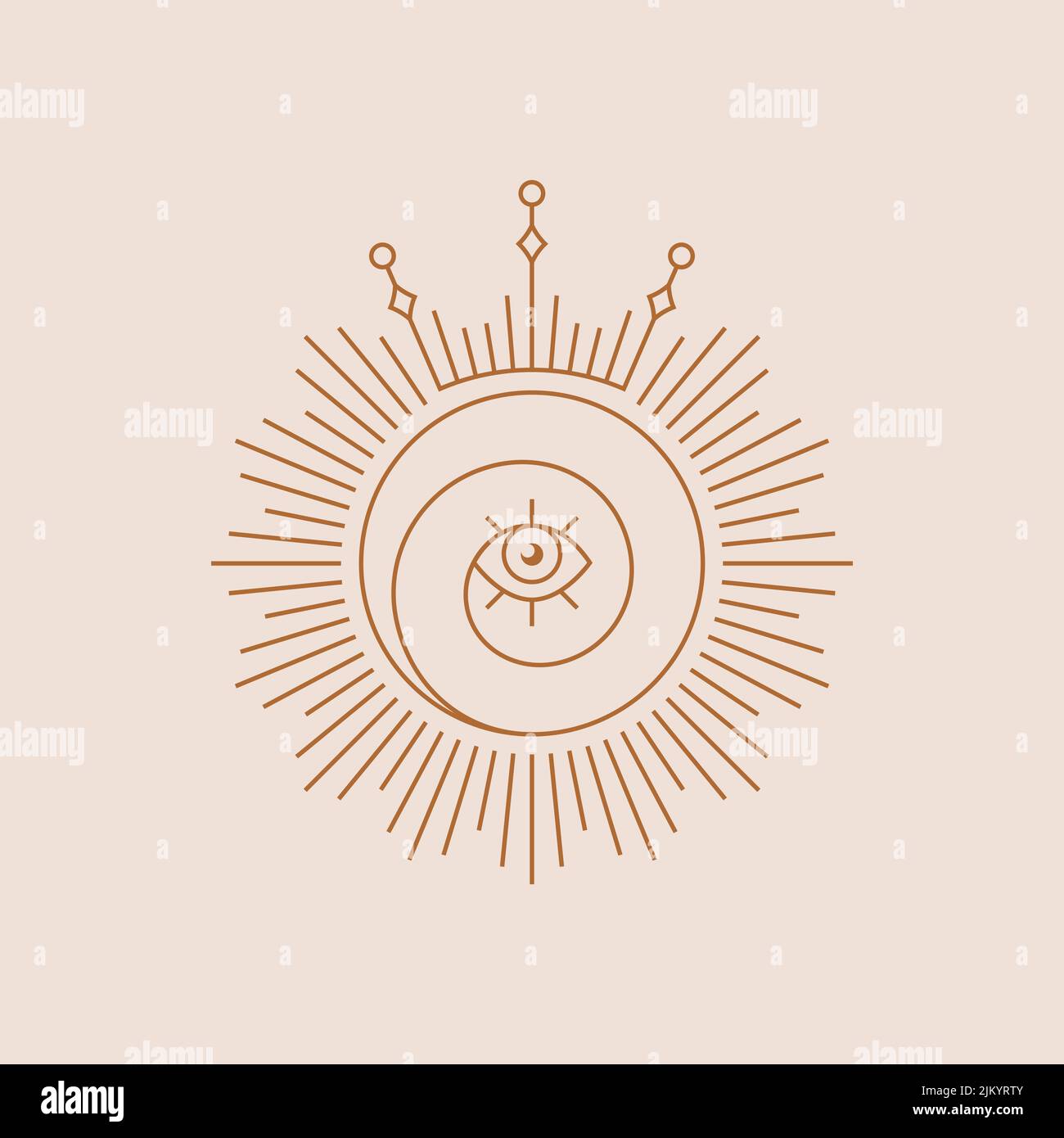 Spirituelles Boho-Logo. Sonnensymbol mit Auge und Krone. Isolierte Vektordarstellung. Design-Element für Magie, esoterische, himmlische, Astrologie Stock Vektor
