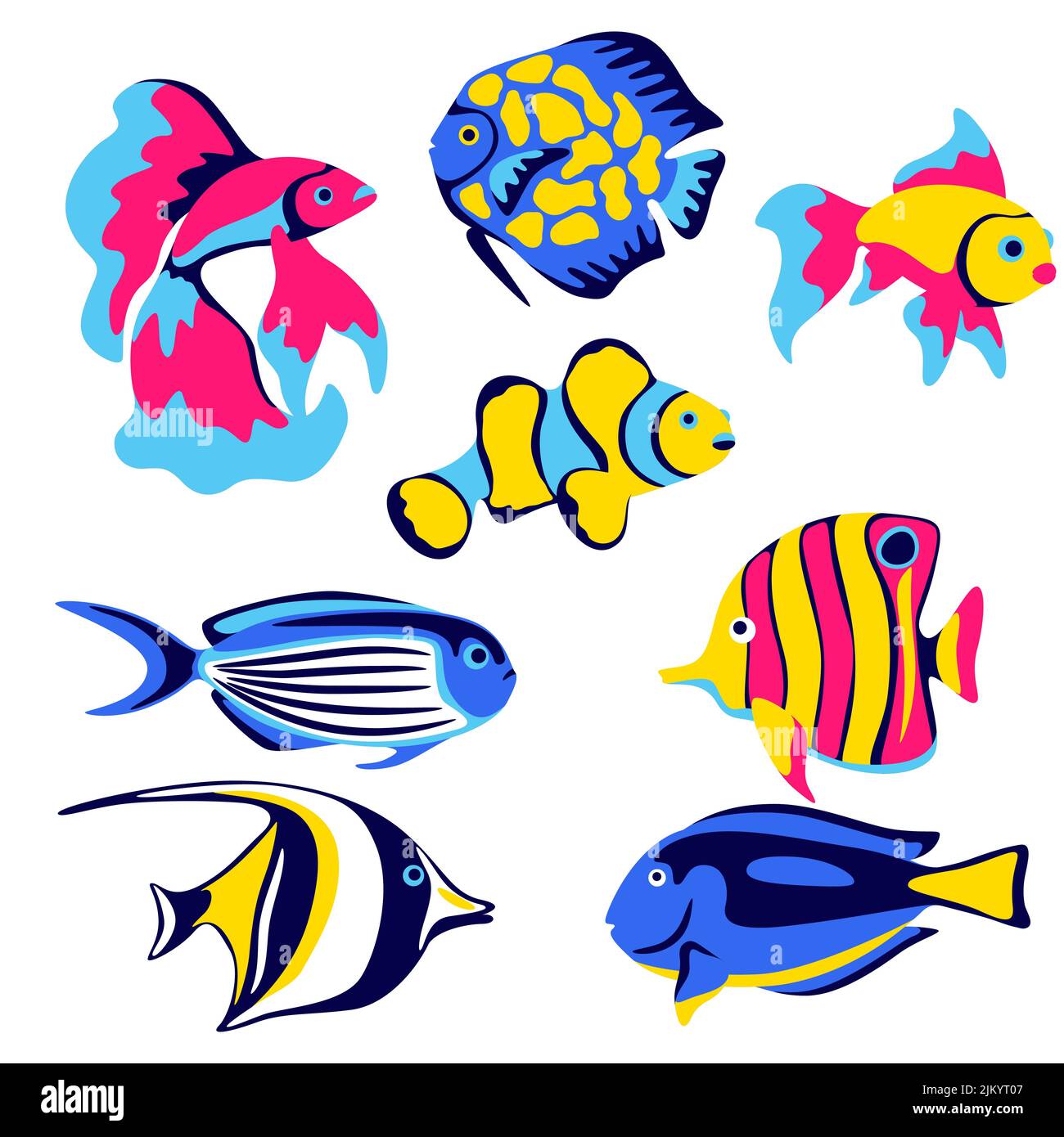 Satz tropischer Fische. Meerwasseraquarium und Meerestiere. Stilisiertes Bild in hellen Farben. Stock Vektor