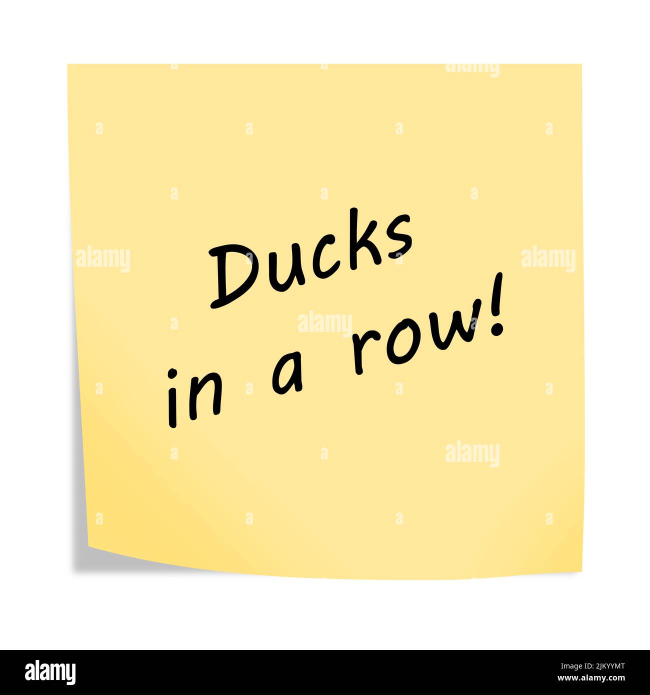 Enten in einer Reihe 3D Illustration Pfosten Notiz Erinnerung auf weiß mit Clipping Pfad Stockfoto