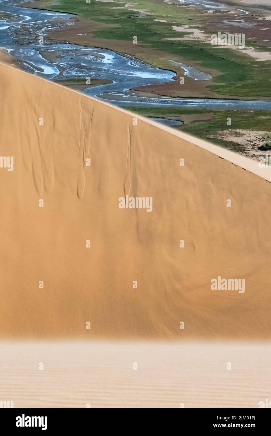 Namibia, die Namib-Wüste, Landschaft aus gelben Dünen, die ins Meer fallen Stockfoto