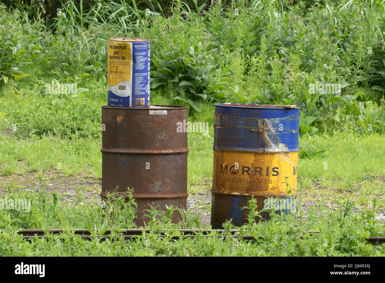 Drei verwitterte Ölfässer, Morris Lubricants, durch stillgestandene Bahngleise. DISS, Großbritannien, 19.. Juni 2016 Stockfoto