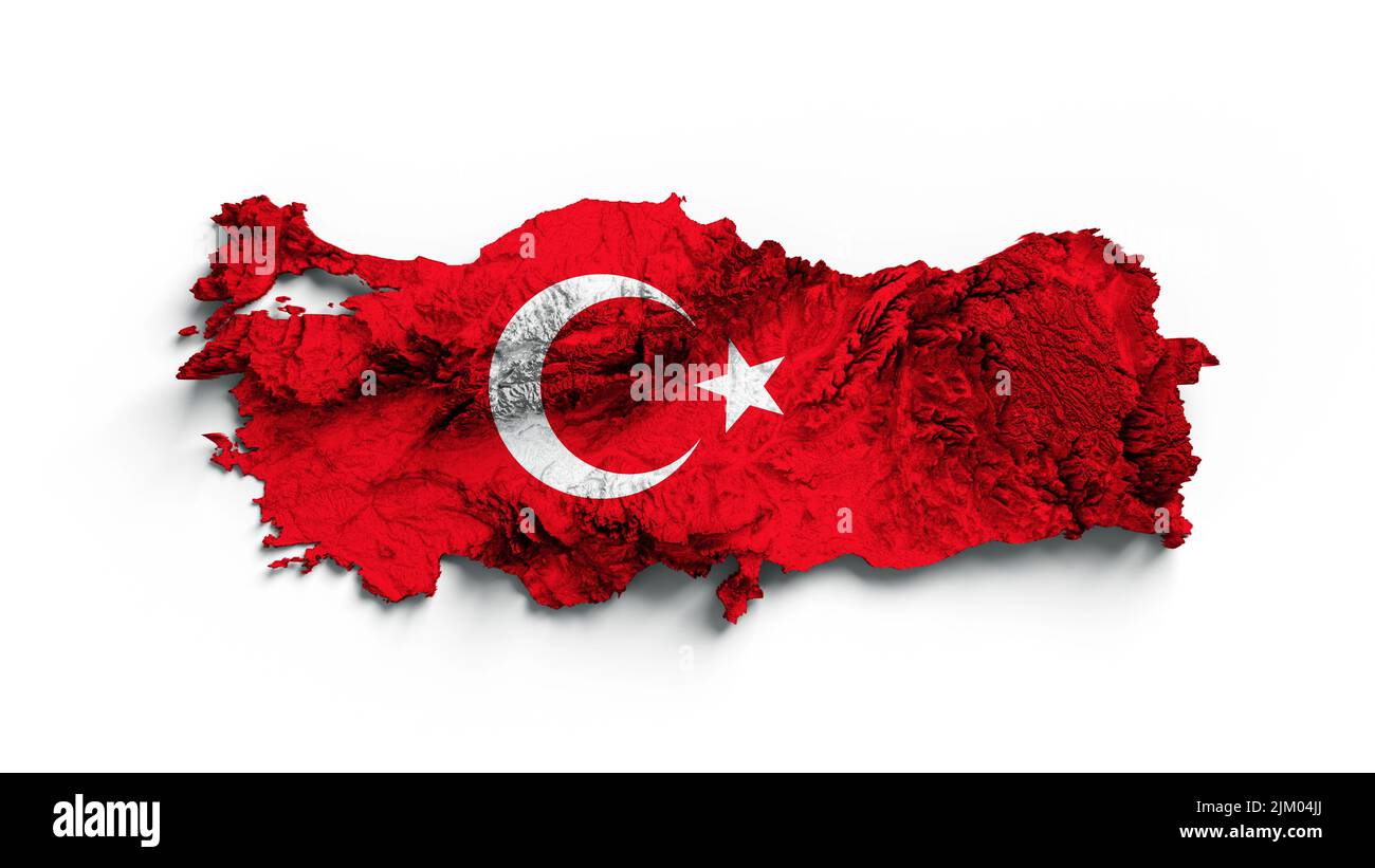 Türkei Relief Karte mit Flagge isoliert auf weißem Hintergrund 3D Abbildung Stockfoto