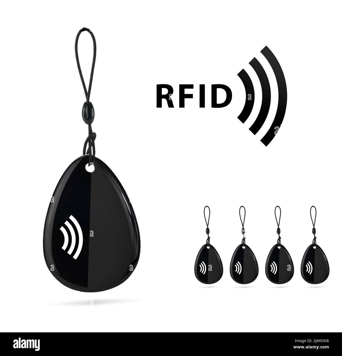 Schwarzer RFID Schlüsselanhänger auf weißem Hintergrund, isoliert. Stockfoto