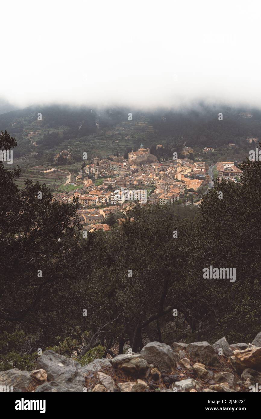 Eine vertikale Aufnahme des Blickes von einem hohen Punkt auf einer Klippe aus Häusern im Stadtbild hinter Pflanzen in düsteren Tagen Stockfoto