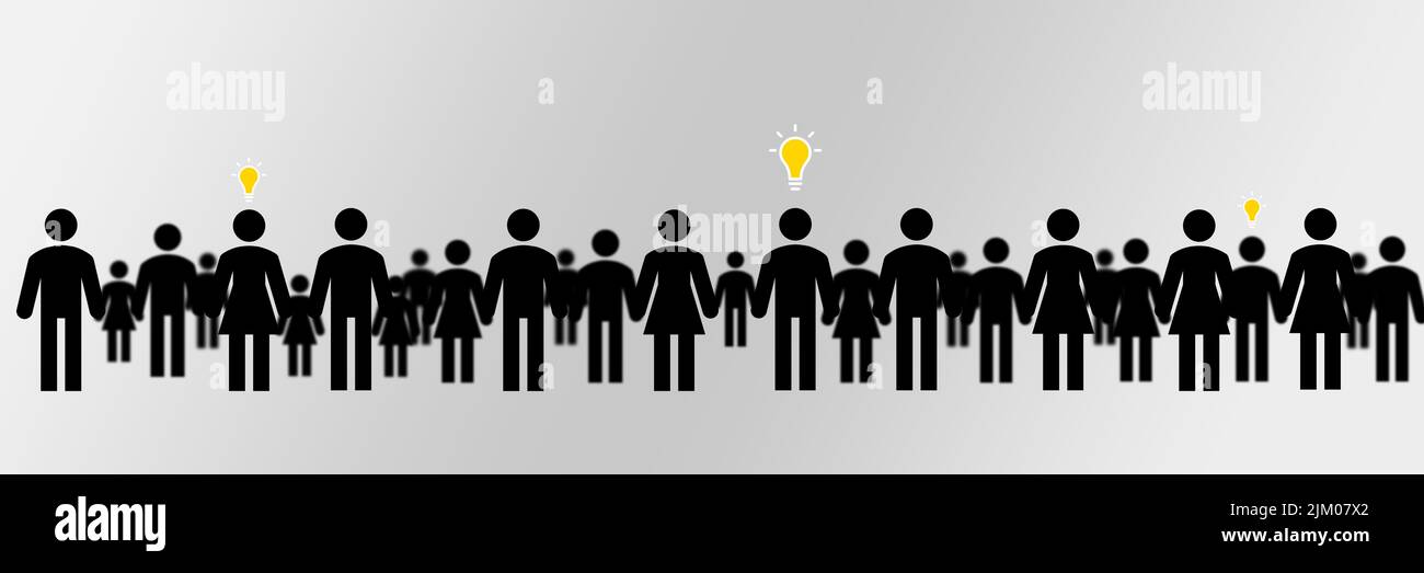 Die digitale Panoramabild mit schwarzen menschlichen Symbolen mit Glühbirnen auf hellgrauem Hintergrund. Stockfoto