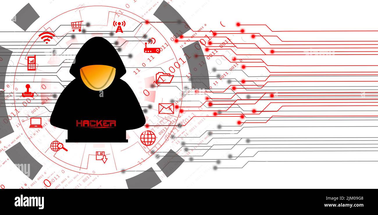 2D Illustration Cyber-Kriminalität und Internet-Privatsphäre Hacking. Netzwerksicherheit, Cyber-Angriff, Computervirus, Ransomware und Malware-Konzept Stockfoto