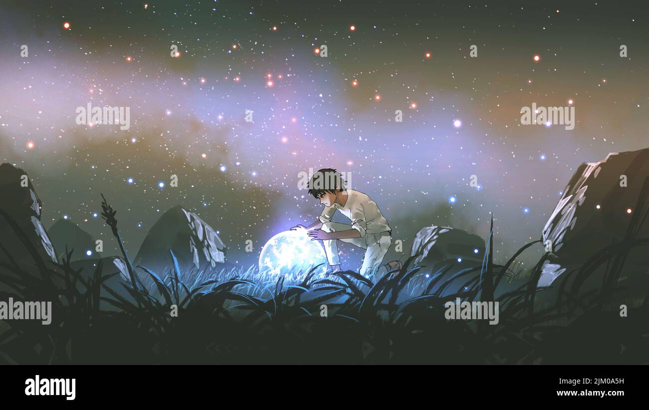 Junger Mann in Weiß, der auf den glühenden kleinen Planeten am Boden herunterschaut, digitaler Kunststil, Illustrationsmalerei Stockfoto