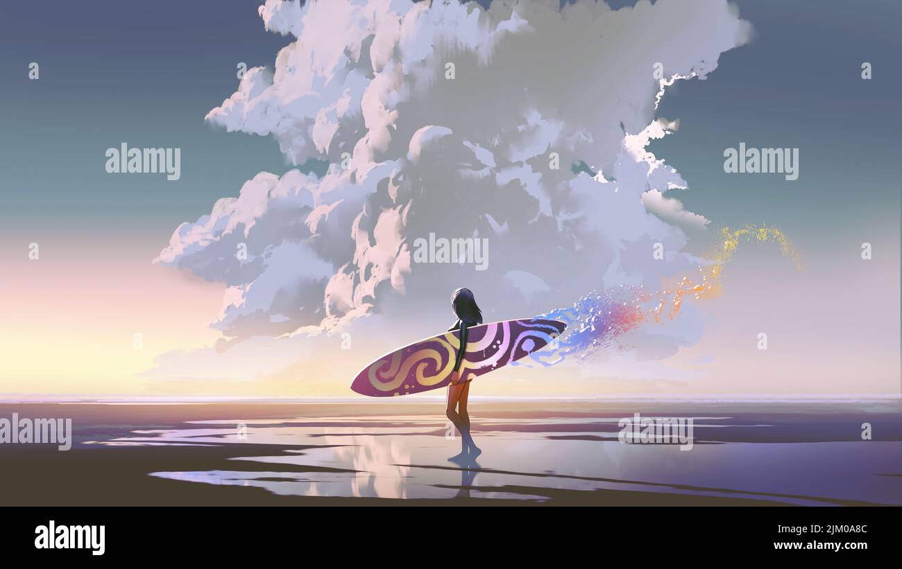 Frau, die ein farbenfrohes Surfbrett am Strand hält und den Himmel betrachtet, im Stil digitaler Kunst, Illustration Stockfoto