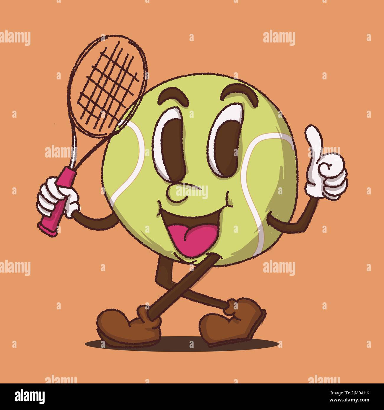 Tennis Ball Walking Maskottchen Vektor-Illustration mit Gesicht. Für Vintage Retro-Logos und Branding. Funky Vintage-Stil Cartoon Gesicht Vektor-Illustration Stock Vektor