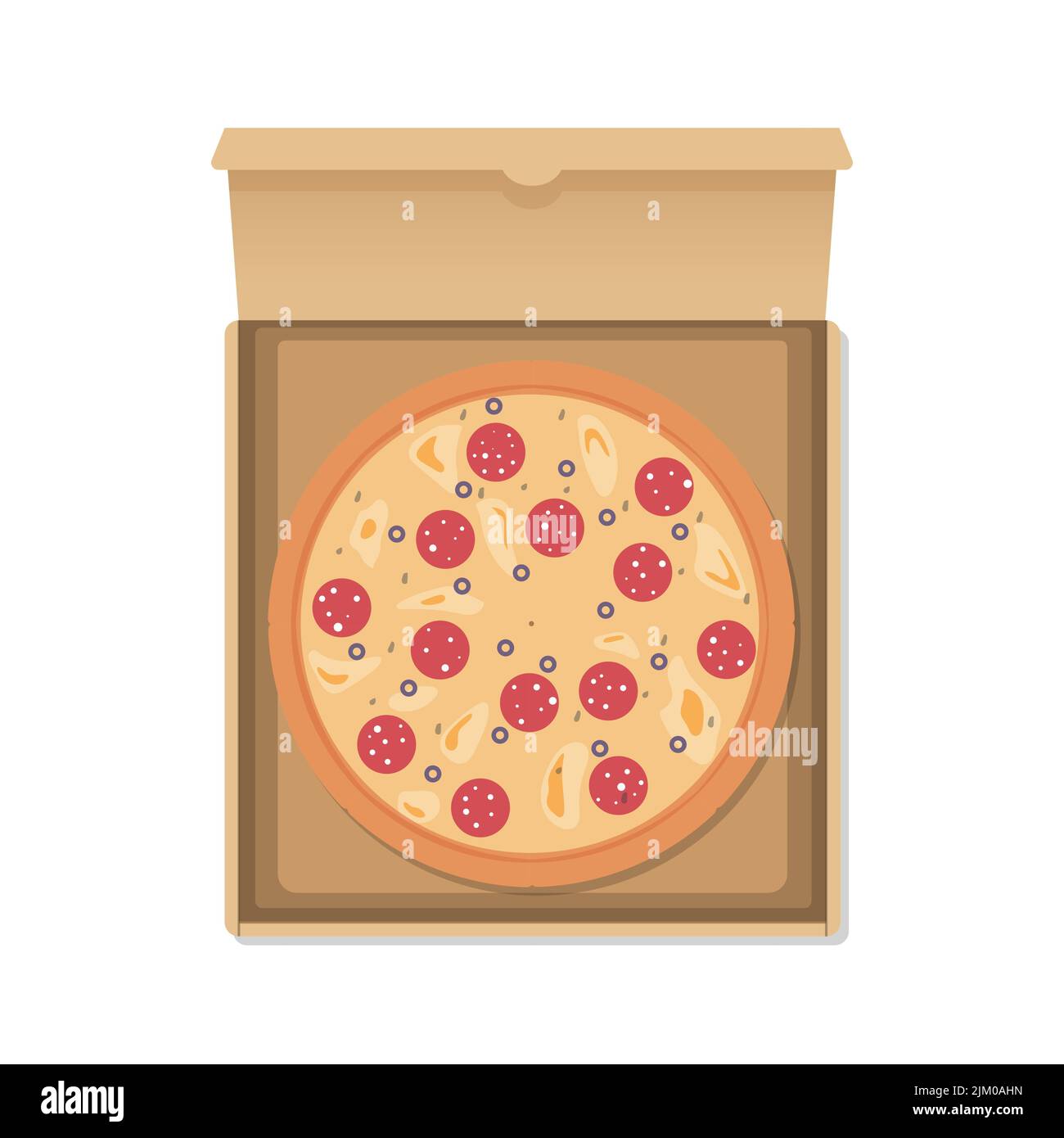 Geöffneter Pizzakarton mit realistischer Pizza. Pizza in Scheiben mit ...