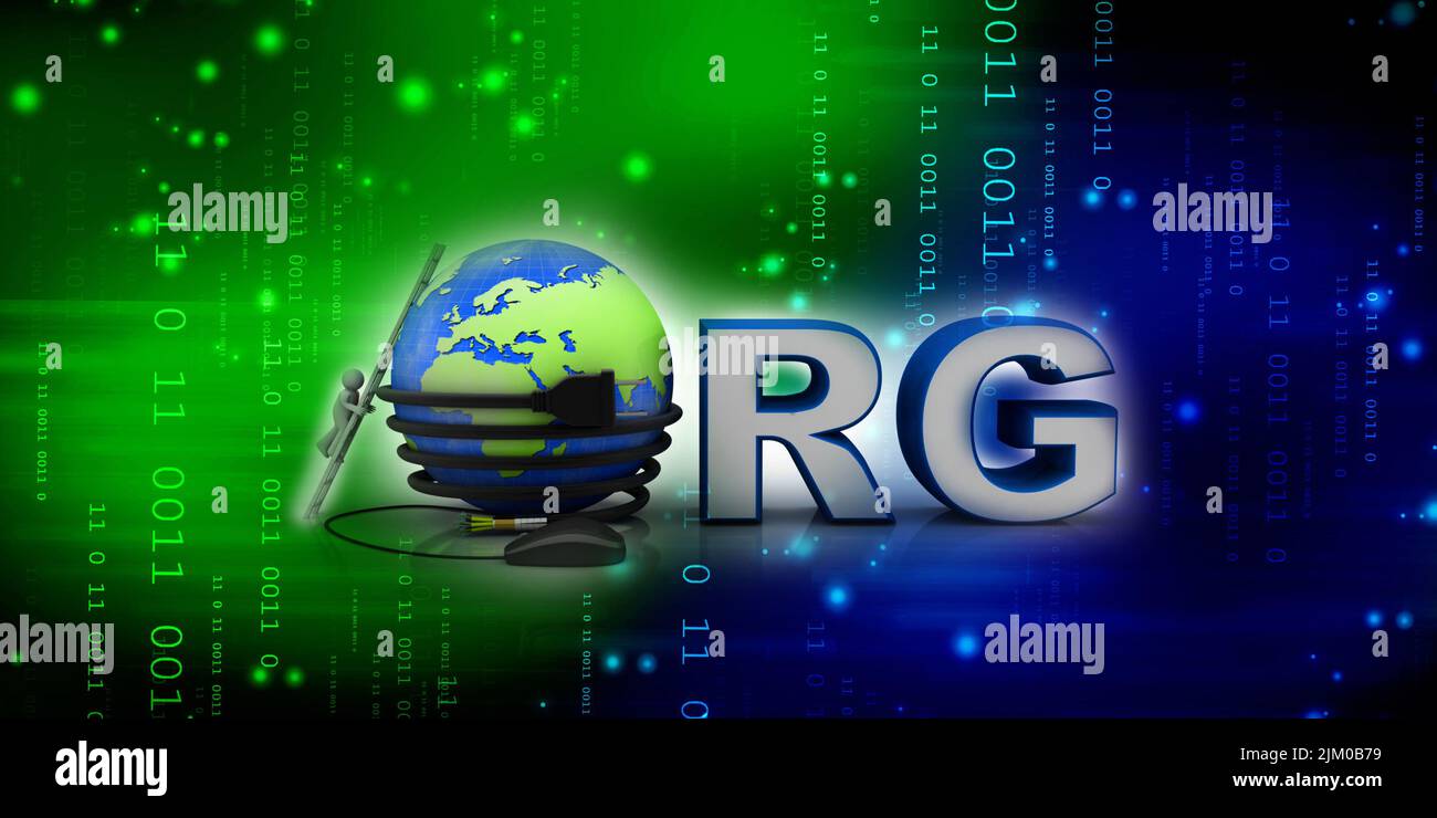 3D Illustration Internet Domain org verbundene Maus mit mobilem Ladekabel verbunden Globus in der Nähe Techniker Stockfoto