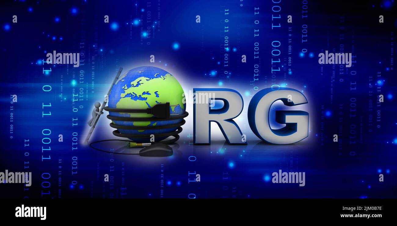 3D Illustration Internet Domain org verbundene Maus mit mobilem Ladekabel verbunden Globus in der Nähe Techniker Stockfoto