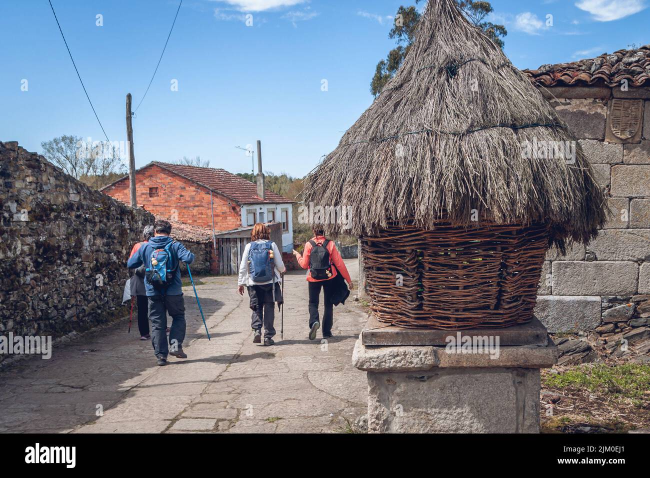 Eine Gruppe von Rucksacktouristen, die in der Nähe von Palas de Rei in Lugo, Galizien, Spanien, spazieren gehen Stockfoto