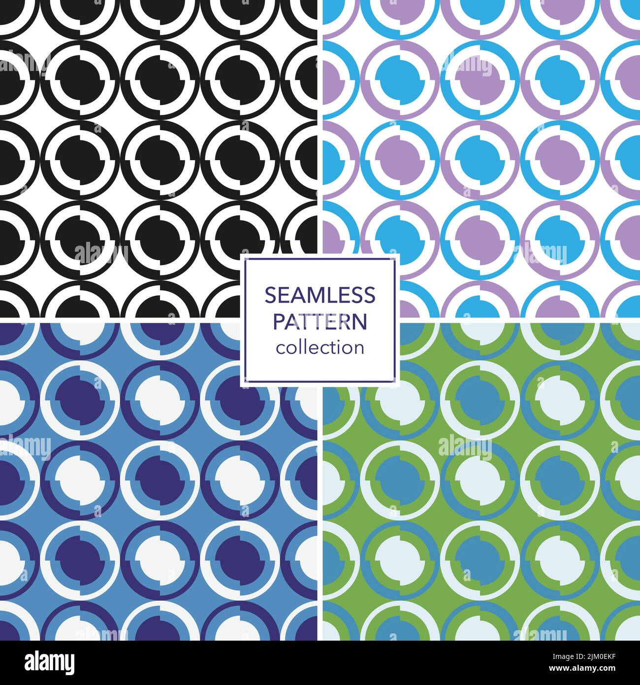 Geometrisches Kreismuster. Gleitender Effekt von Formen. Set mit 4 bunten Designs. Raster „Punkte und Ringe“. Stock Vektor