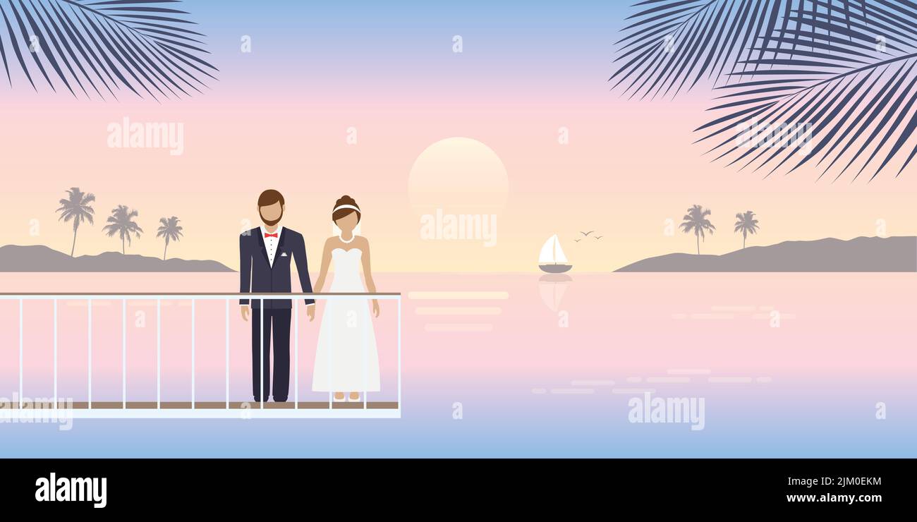 Verheiratetes Paar auf der Brücke am Meer romantisches Sommerferiendesign Stock Vektor