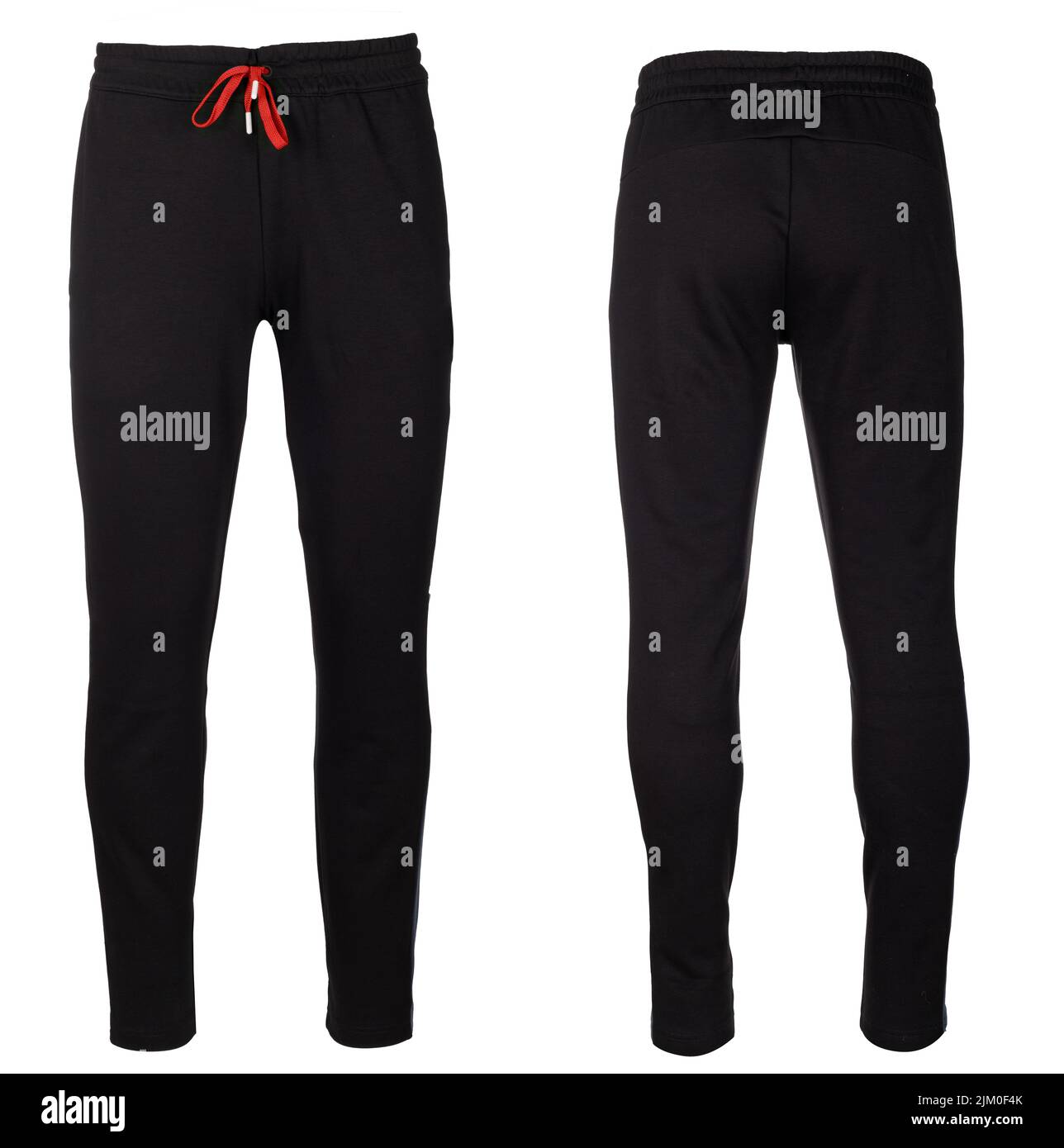 Vorder- und Rückansicht schwarze Herren Trainingshose, isoliert. Stockfoto