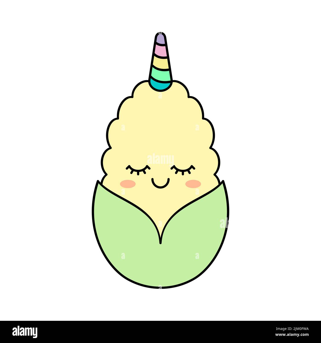 Kawaii-Maispun. Einhorn (Uni-Mais) lächelnd. Niedlicher Mais lächelt mit Regenbogenhorn. Komischer, entzückender Mais. Gemüsezeichentrickfigur. Vektor Stock Vektor