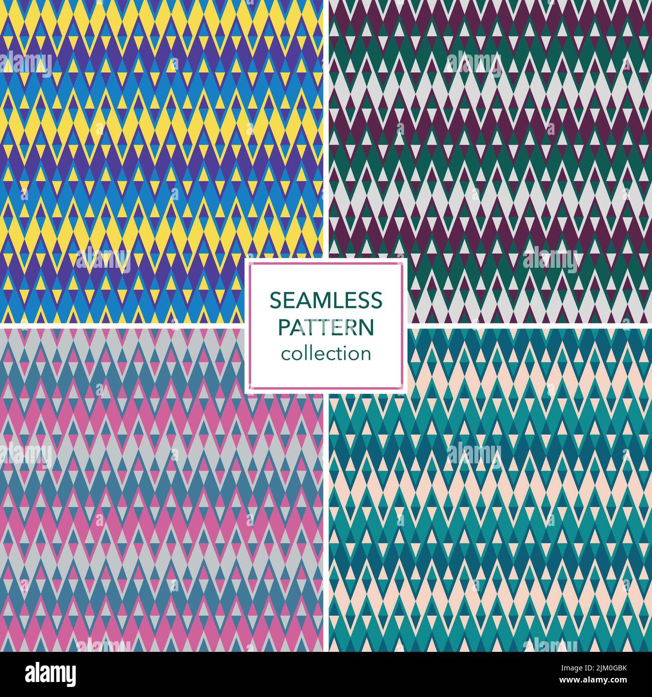 Farbenfrohes Chevron-Muster. Zick-Zack-Streifen wechseln sich mit Rhombus-Formen ab. Nahtlose Designs. Trendige Dekoration. Stock Vektor