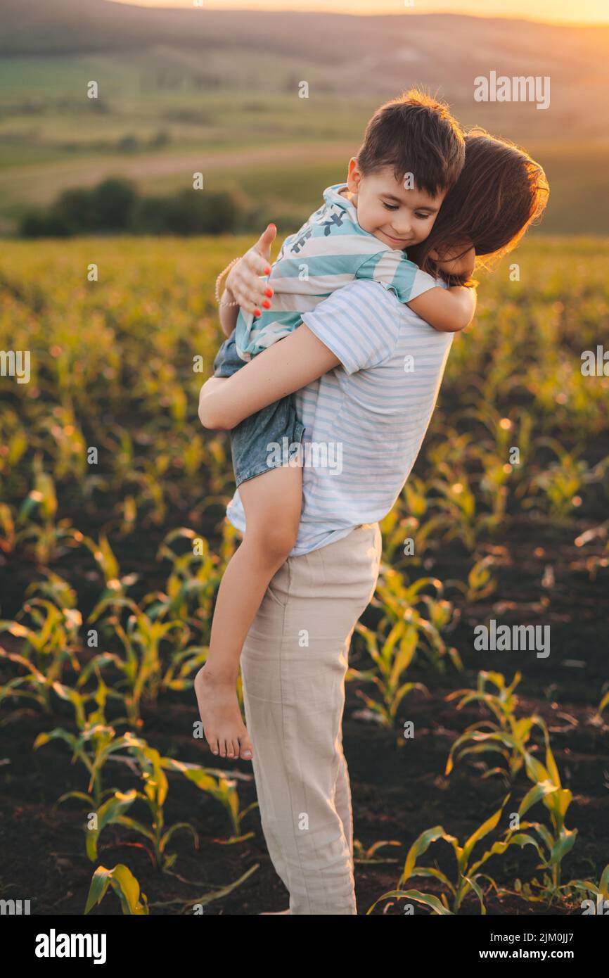 Frau umarmte ihren kleinen Sohn, der durch das Maisfeld ging. Frohe Familie. Mutter Natur. Sonniger Tag. Stockfoto