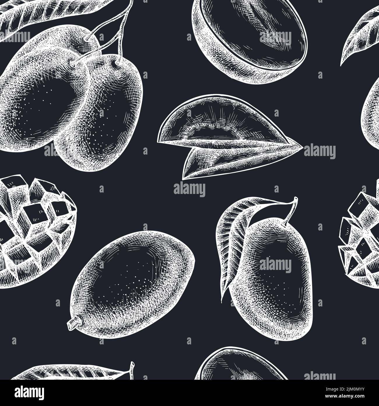 Früchte nahtlose Muster Hintergrund-Design. Gravierte Ausführung. Handgezeichnete Mango. Stock Vektor