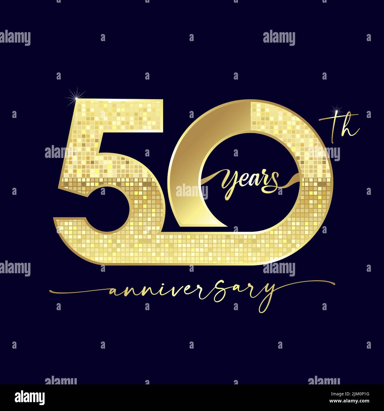 50 Jahre Firmenzeichen mit goldener Handschrift für Festveranstaltung, Hochzeit, Grußkarte und Einladung. Luxuriöses glänzendes 50.-Logo. Stock Vektor