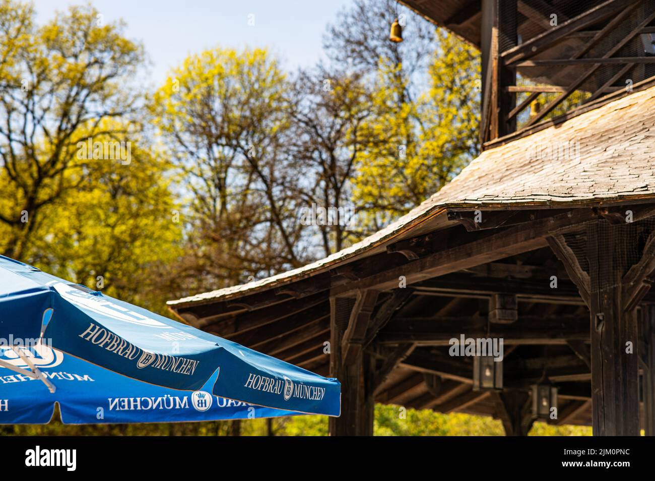 Ein Teil des berühmten Münchner Biergartens Chinesischer Turm im Englischen Garten des Munichs parque im Frühjahr mit Hofbraeu Bier Stockfoto