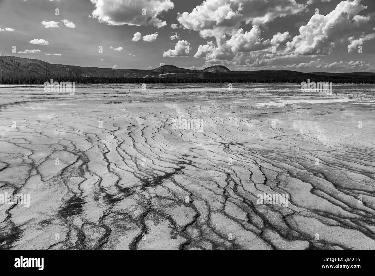 Eine Graustufenaufnahme eines von Hügeln umgebenen Sees im Yellowstone-Nationalpark, Wyoming, USA Stockfoto