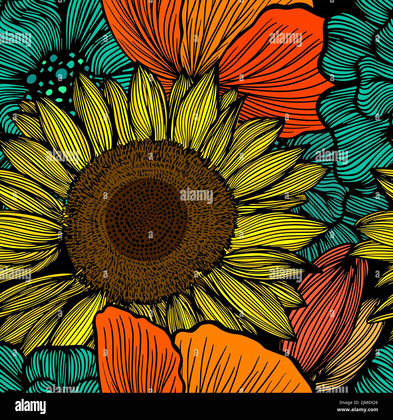 Tropisches Muster mit bunten handgezeichneten Elementen und witzigem Hintergrund. Blattmuster . Nahtlose Blüten. Vektorgrafik Stock Vektor