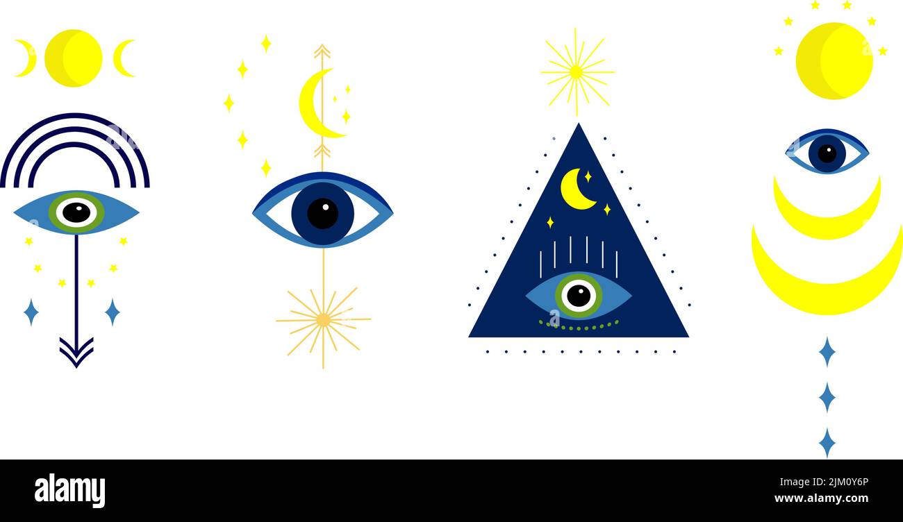 Set mystischer Illustrationen mit Augen, Mond und Sonne. Vektorzeichnung. Stock Vektor