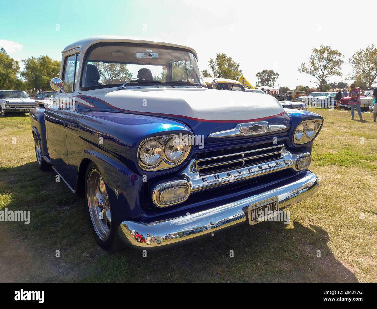 Chascomus, Argentinien - 9. Apr 2022: Altes blaues Dienstprogramm Chevrolet Chevy Apache V8 Pickup Truck 1958 von GM auf dem Land. Vorderansicht. Naturgras tr Stockfoto