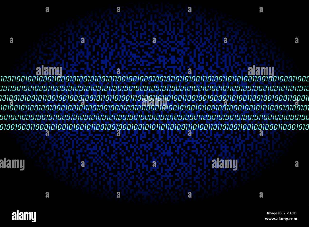 Datenautobahn. Band aus sechs türkisfarbenen Reihen, bestehend aus Nullen und Einsen, binäre Codierung, über einem dunkelblauen Hintergrund zufällig erzeugter quadratischer Punkte. Stockfoto