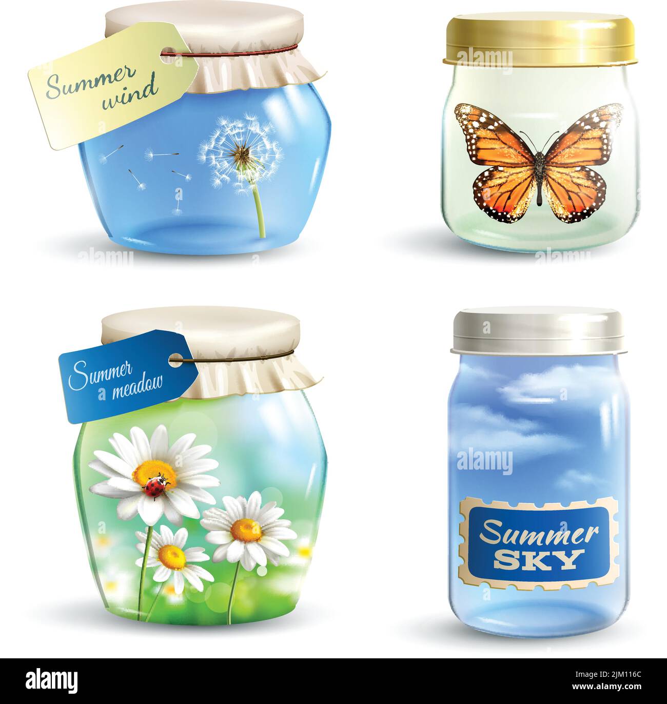 Realistisches Glas Set mit Sommerblumen Himmel und Schmetterling Innerhalb isolierter Vektordarstellung Stock Vektor