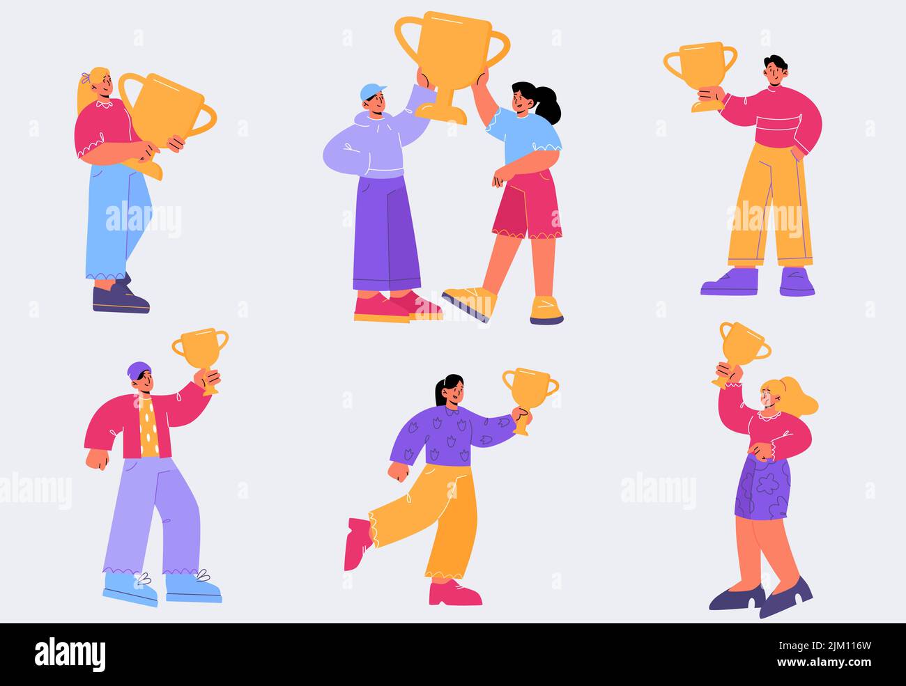 Glückliche Menschen mit Pokalbechern, Gewinner mit Siegerpokalen auf dem ersten Platz für den Sieg im Sport oder im Geschäft. Charaktere feiern Sieg, Wettbewerb, Preis, Erfolg, Linienkunst flache Vektor-Set Stock Vektor